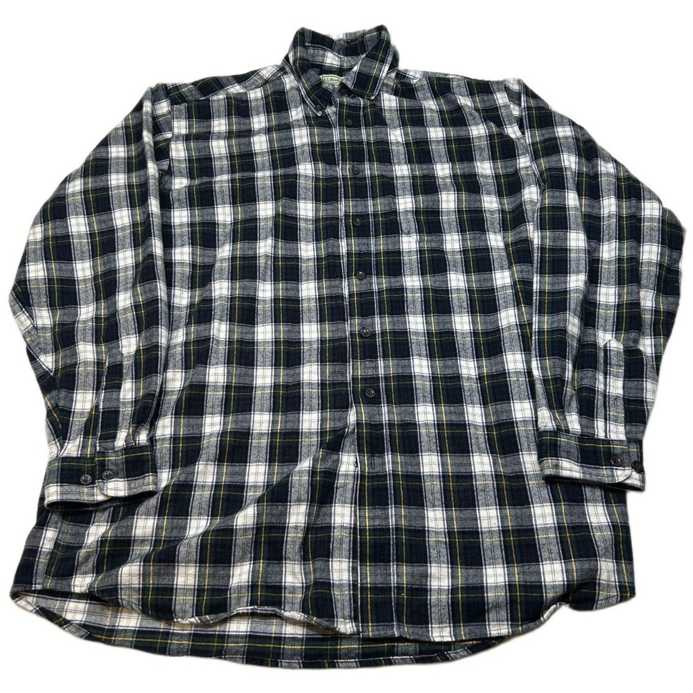 LL Bean Flannel Shirt Mens XLT XL Tall Plaid Green White Button Up‎ Long Sleeve
